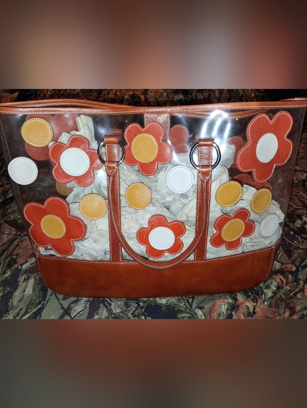 Leather Clear Plastic Floral Tote Bag